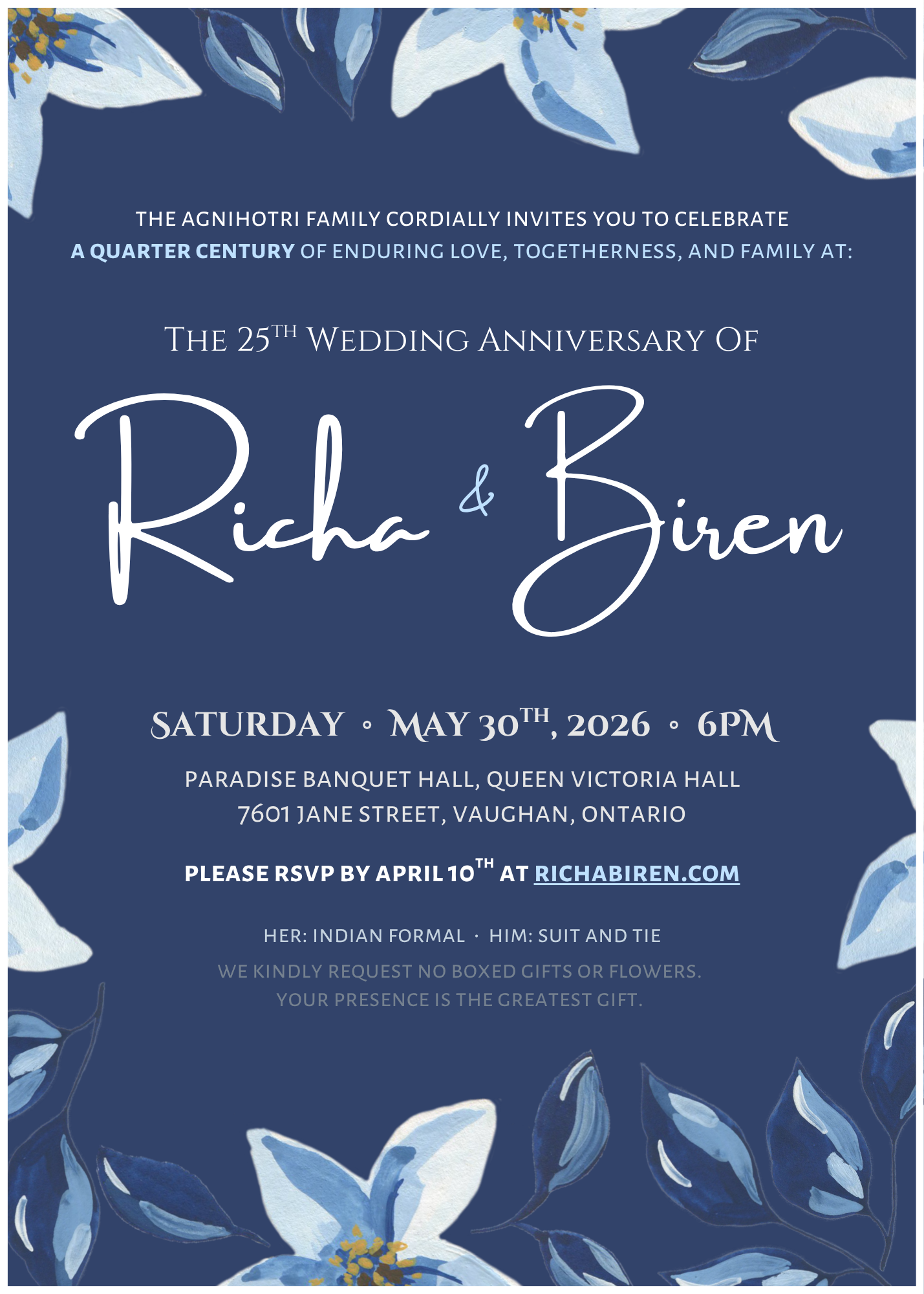 25th Wedding Anniversary of Richa & Biren — Saturday, May 30th, 2026 at 6PM